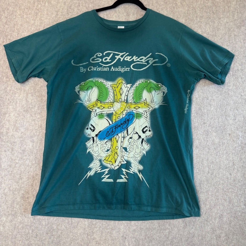 Ed Hardy Graphic Tee Mens XL Green Bedazzled Y2K Tattoo Skulls